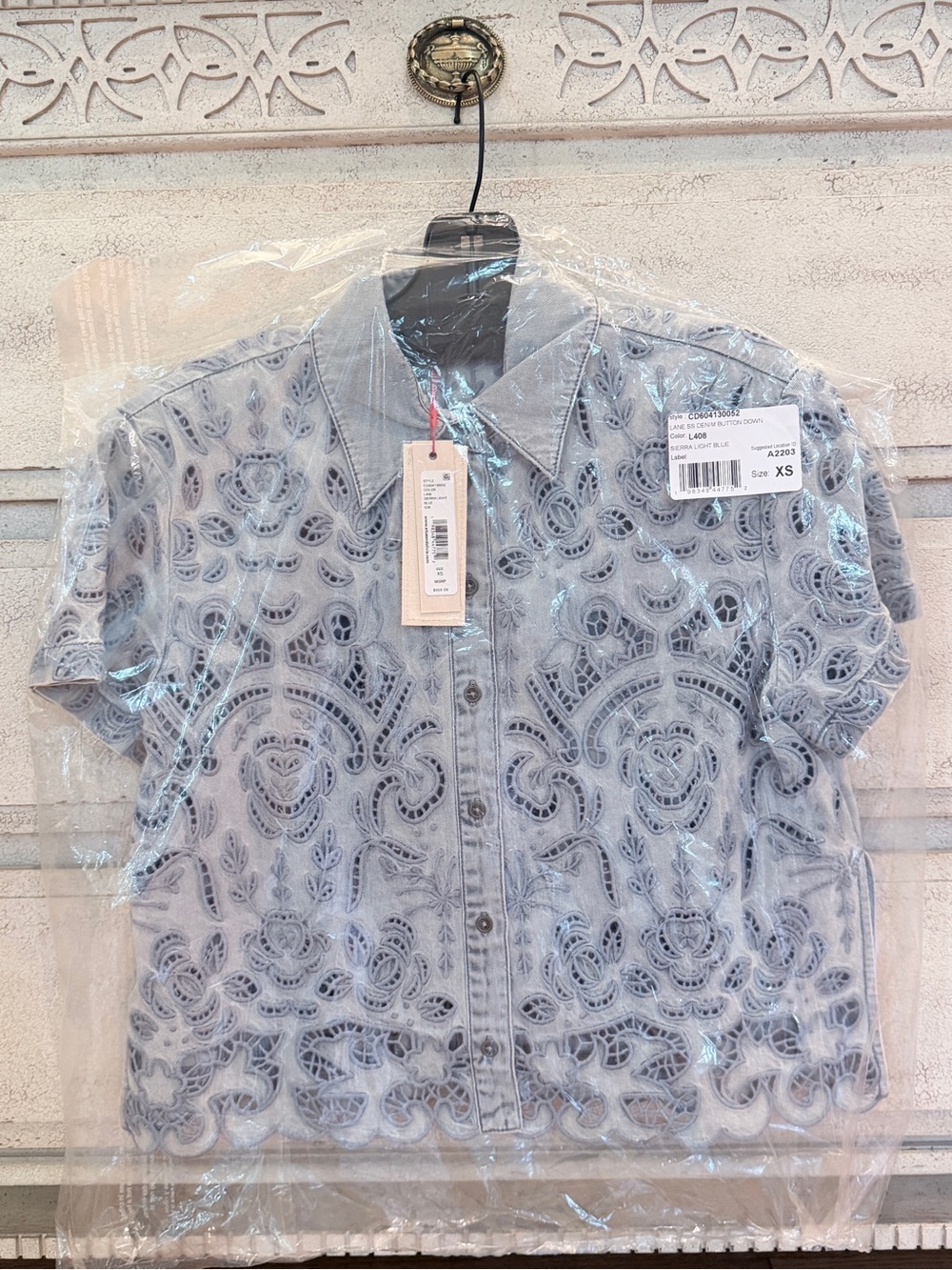 Alice + Olivia Light Blue Eyelet Denim Button-Down Top - Picture 3 of 3